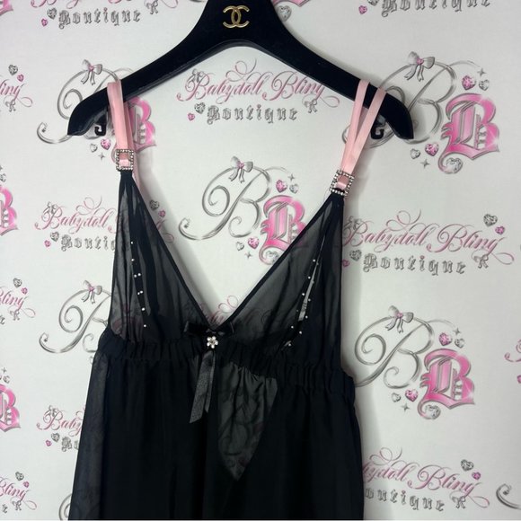 Ann summers babydoll dress nighty open cup bling black pink rhinestone buckle - Picture 5 of 13